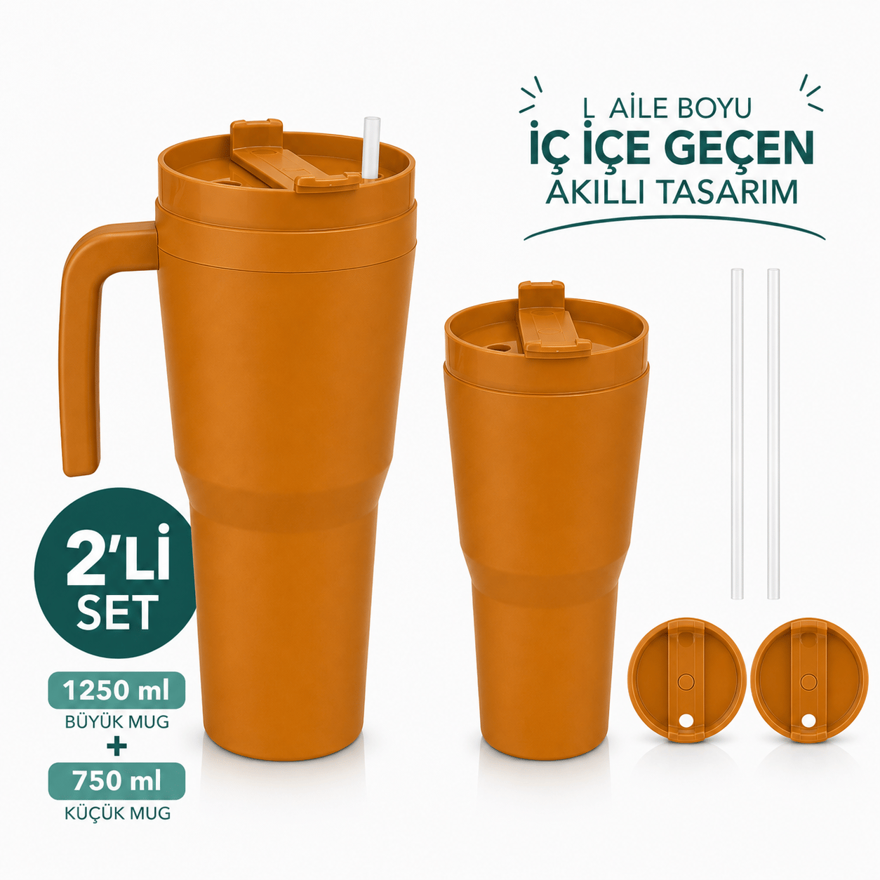 Kale Sippro Mug İç İçe Geçen 2'li Pipetli Suluk Seti 1250 ml + 750 ml