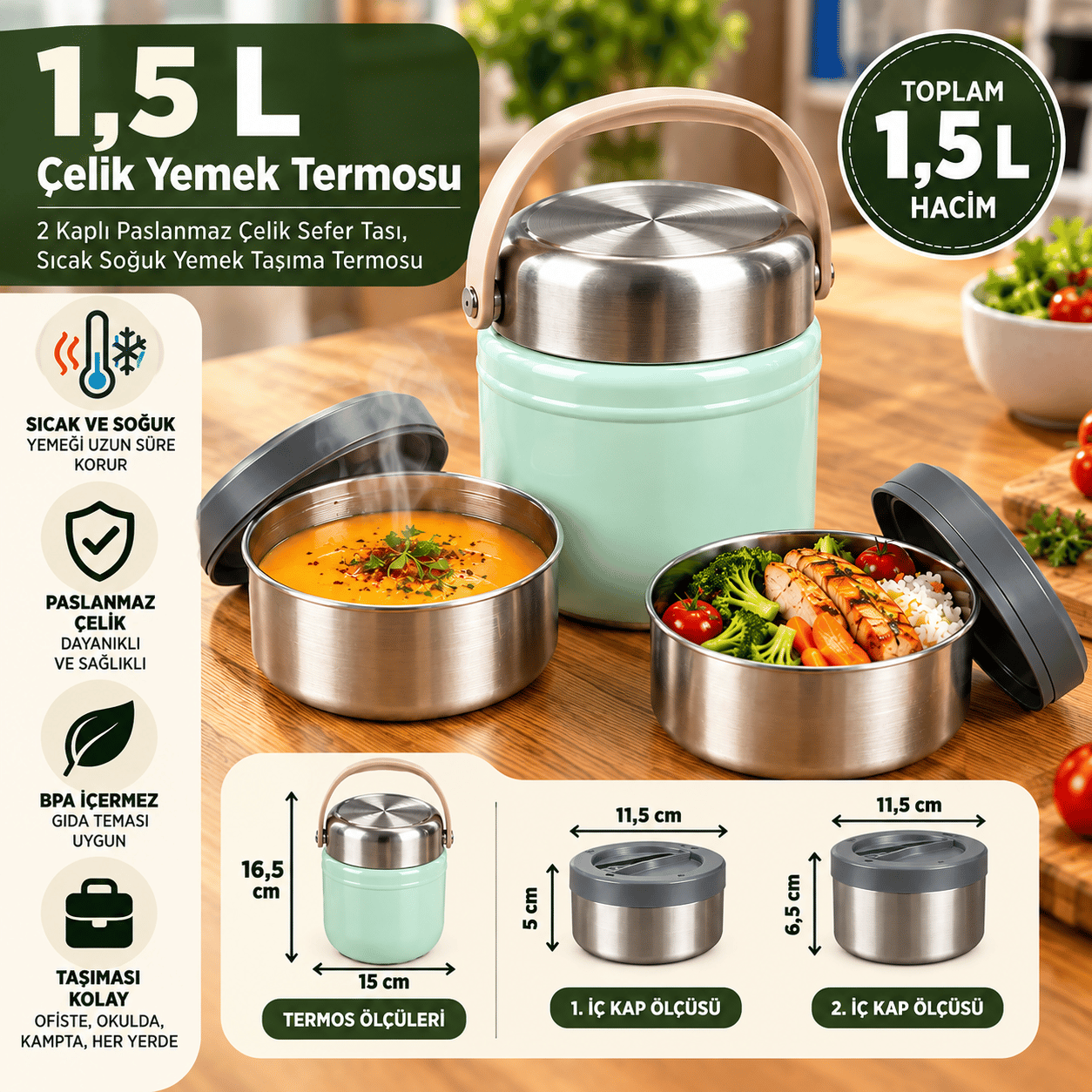 Master 1,5 L Çelik Yemek Termosu – 2 Kaplı Paslanmaz Çelik Sefer Tası, Sıcak Soğuk Yemek Taşıma Termosu
