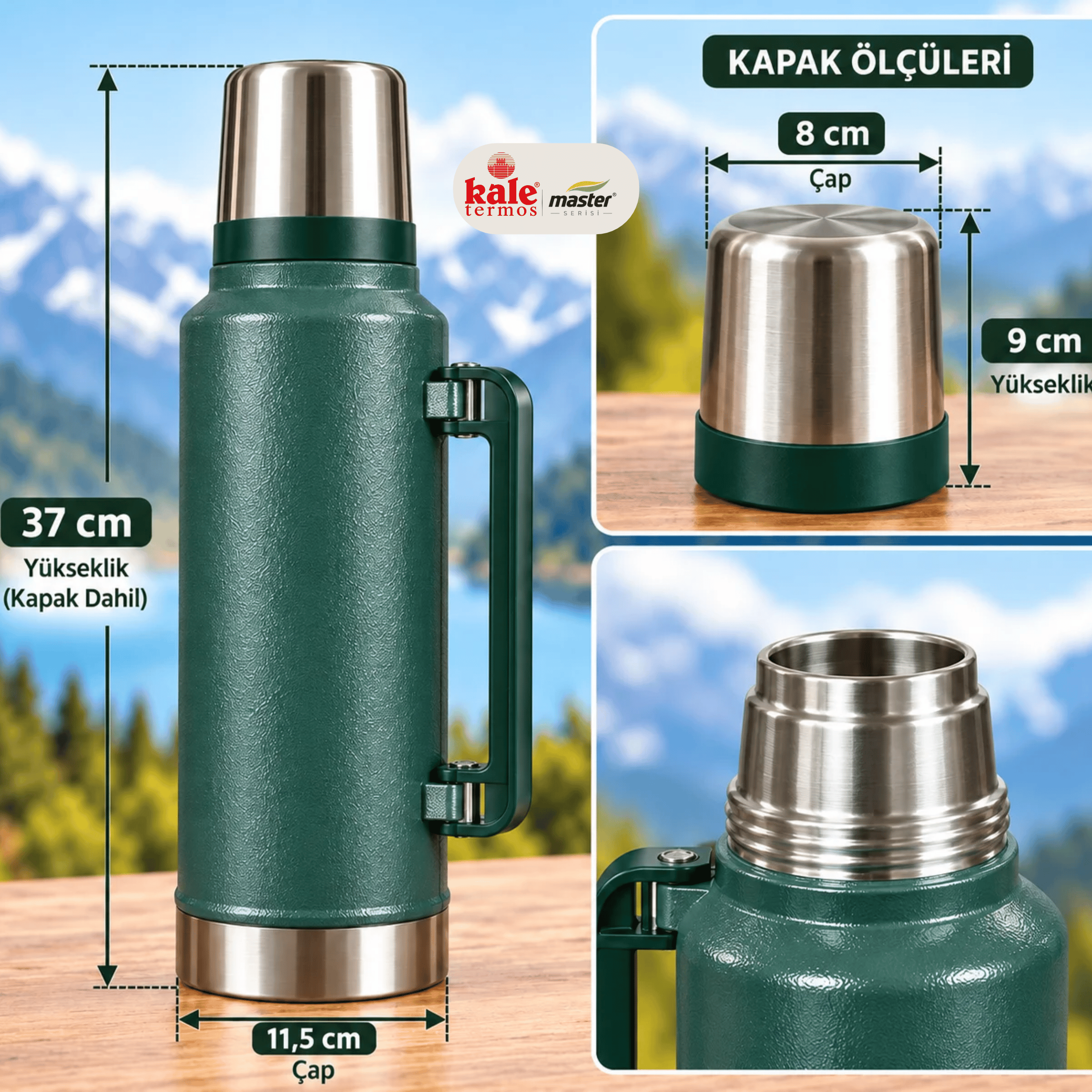 Master 2 L Klasik Çelik Termos -Yeşil ,Kulplu Avcı Termosu, Sıcak Soğuk İçecek Termosu, Seyahat ve Kamp Termosu