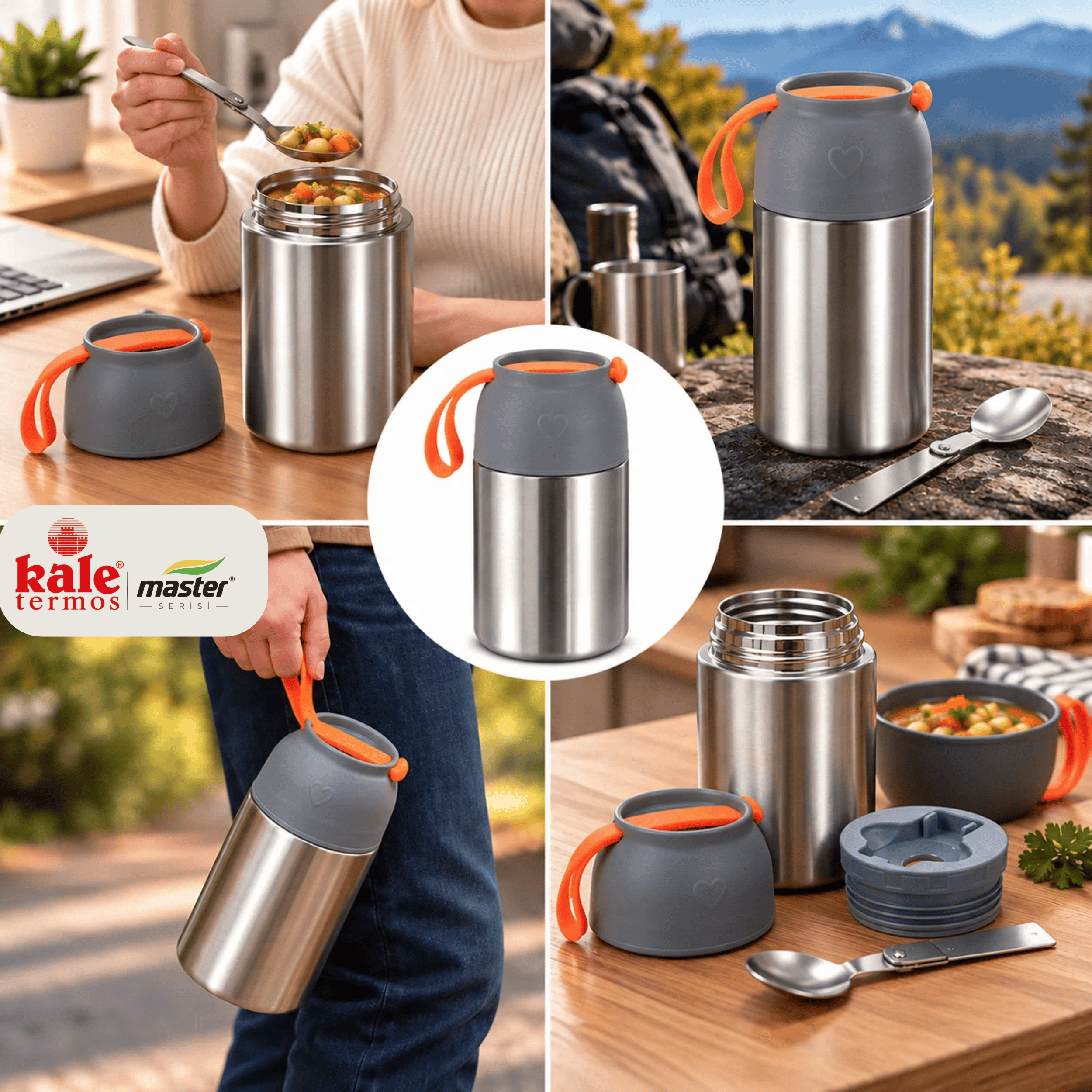 Master 650 ml Çelik Yemek Termosu – 304 Paslanmaz Çelik Termal Yemek Kabı, Katlanabilir Kaşıklı ve Taşıma Kulplu