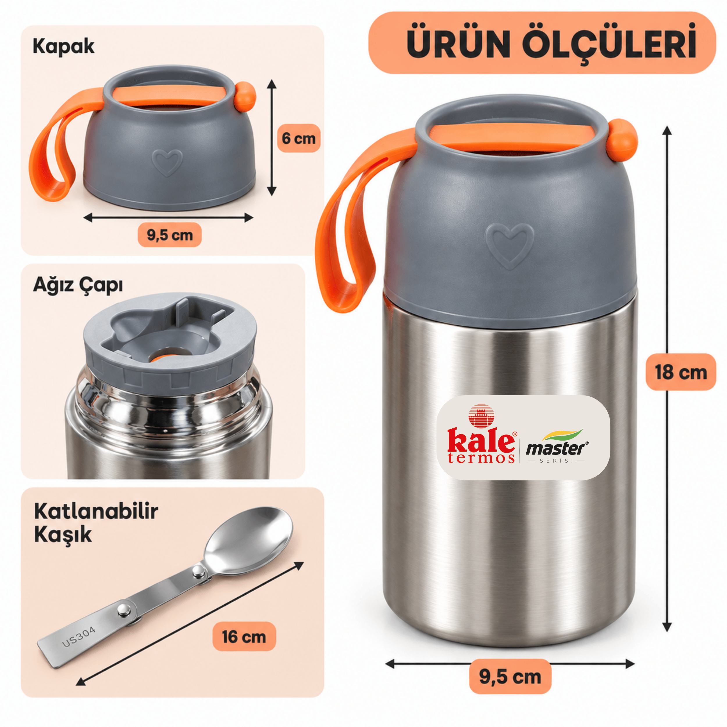 Master 650 ml Çelik Yemek Termosu – 304 Paslanmaz Çelik Termal Yemek Kabı, Katlanabilir Kaşıklı ve Taşıma Kulplu