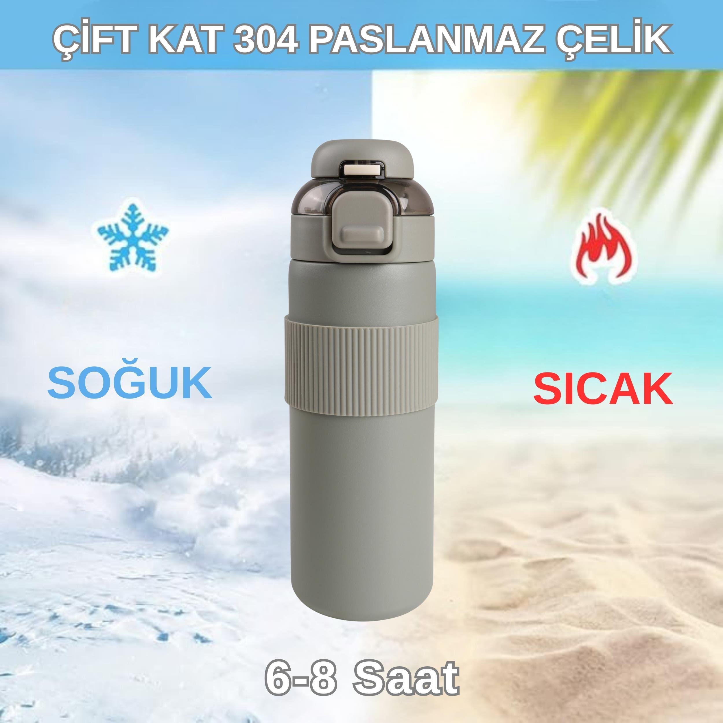 Paslanmaz Çelik Termos 700 ml-Tektuşla Açılır Çift Kullanımlı Kapak