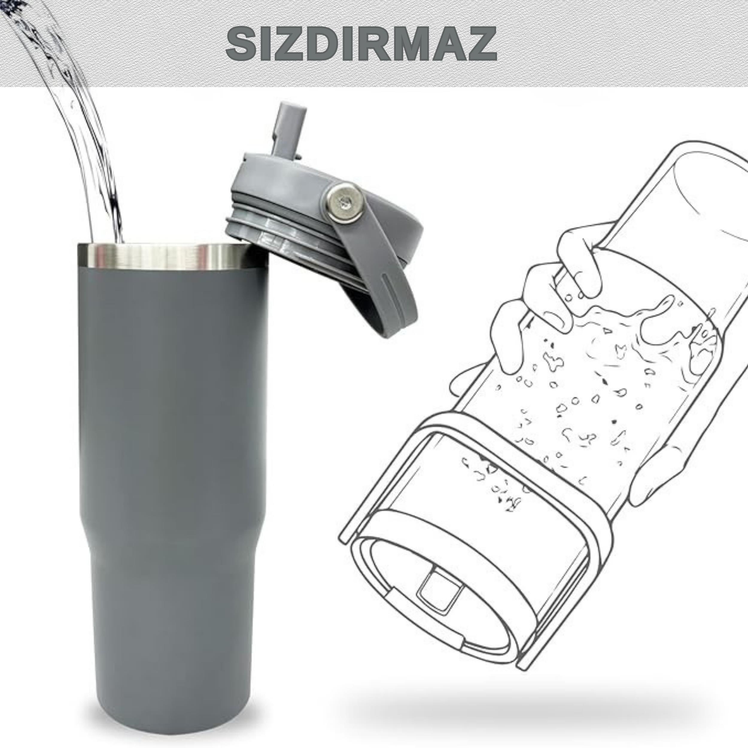 Pipetli Termos Bardak 900 ml Paslanmaz Çelik -Çift Kullanımlı Kapak