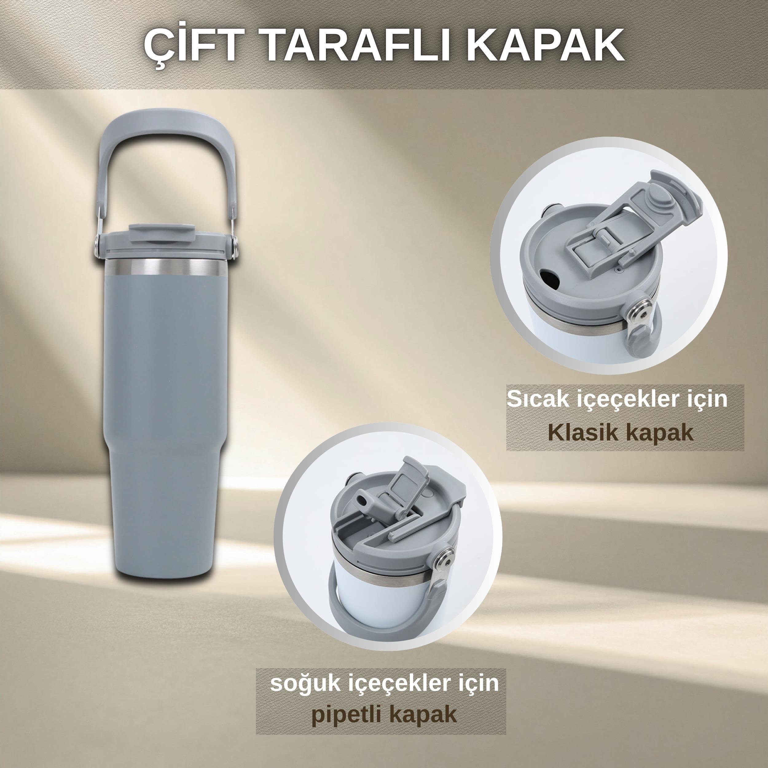 Pipetli Termos Bardak 900 ml Paslanmaz Çelik -Çift Kullanımlı Kapak