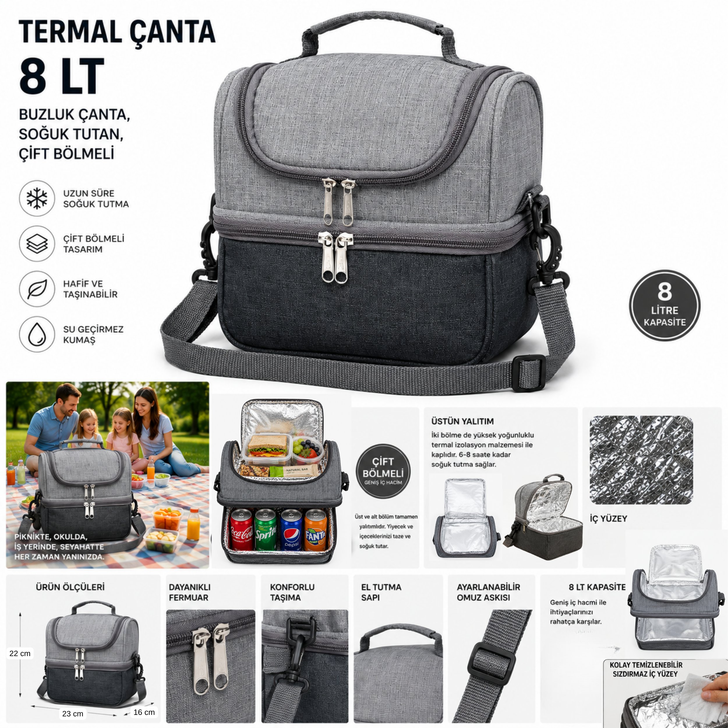 Termal Çanta 8 LT – Buzluk Çanta, Soğuk Tutan, Çift Bölmeli