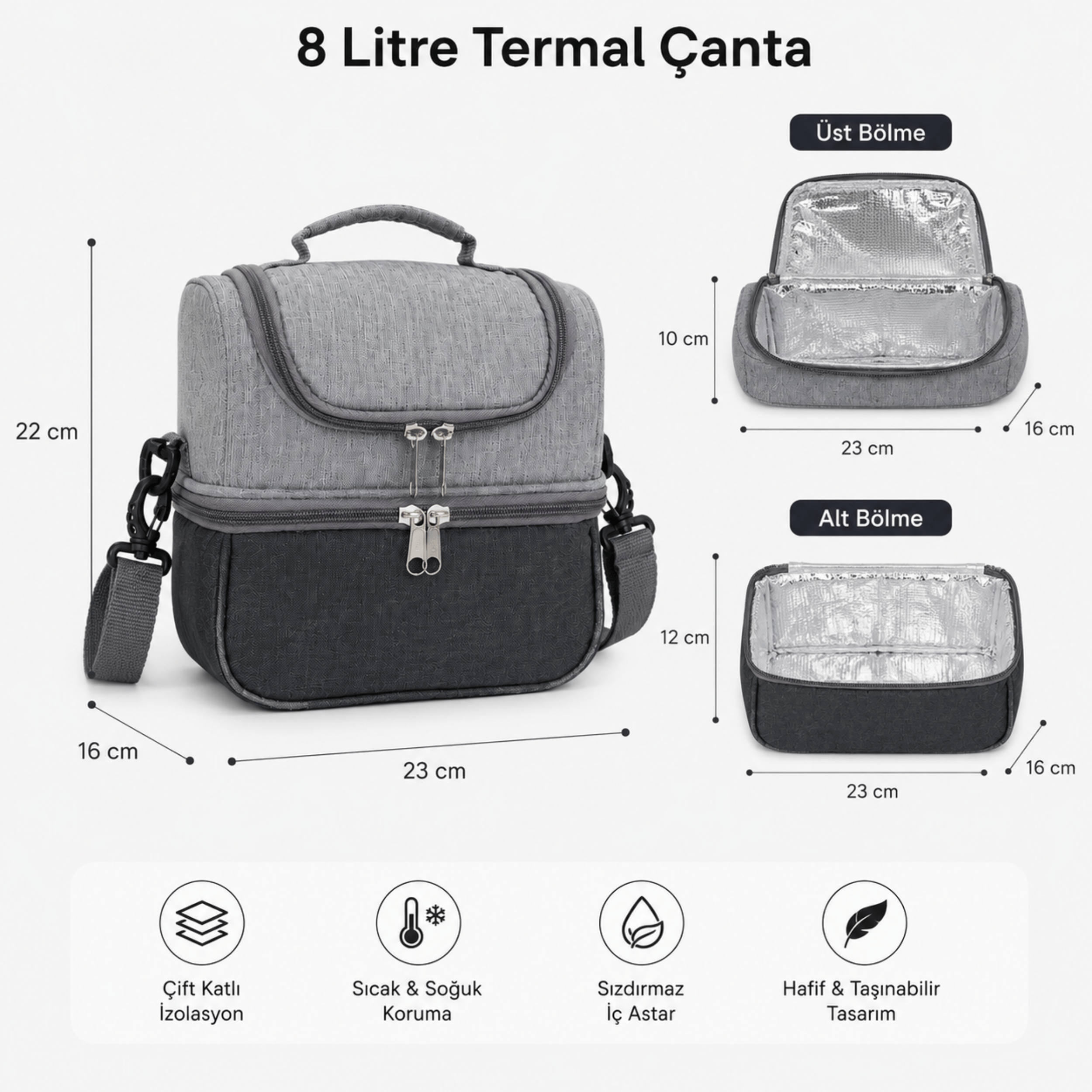 Termal Çanta 8 LT – Buzluk Çanta, Soğuk Tutan, Çift Bölmeli