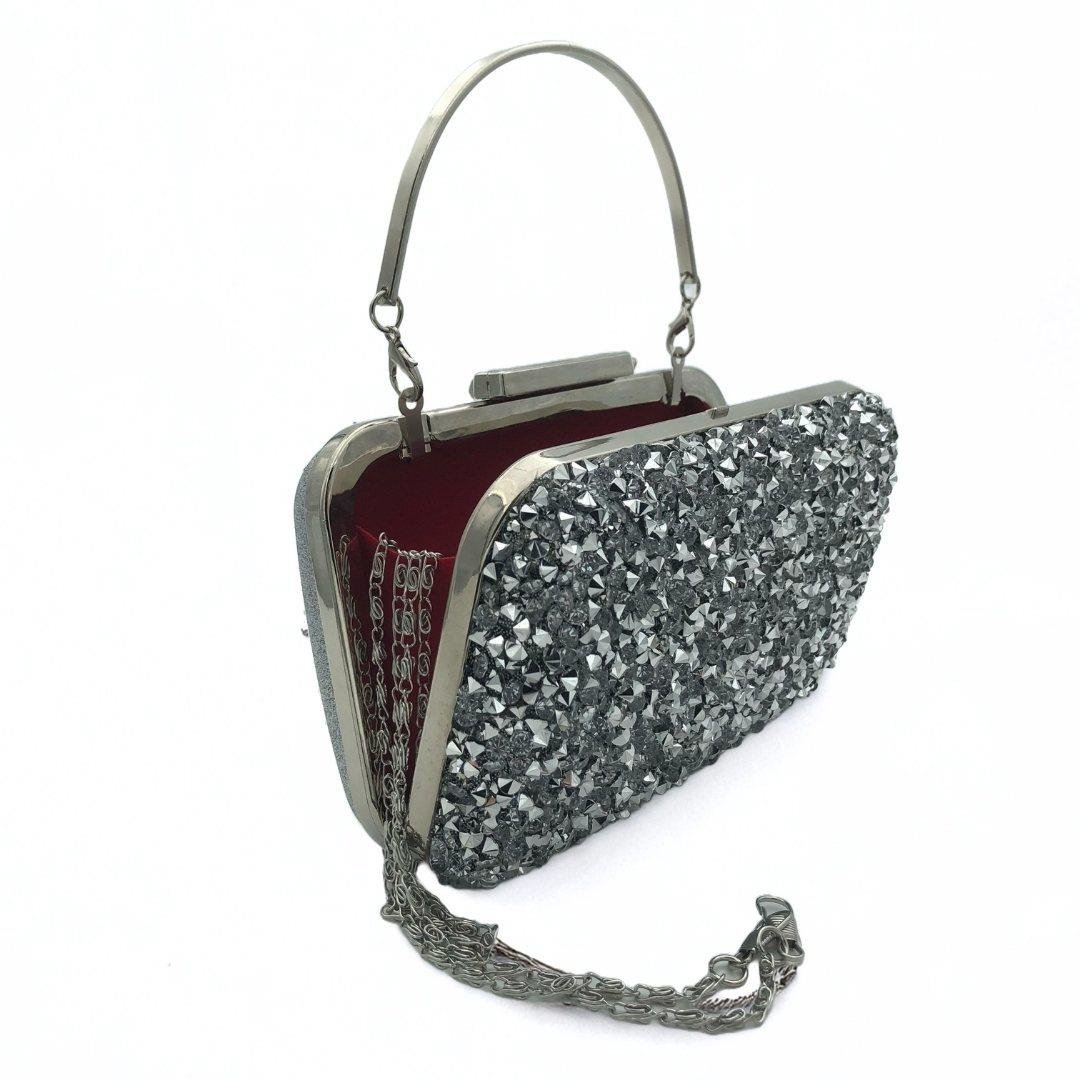  Gümüş İri Taşlı Kristal Abiye Çanta