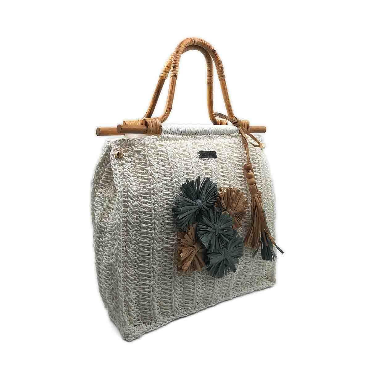 Bambu Saplı ve Çiçek Aplikeli El Örgüsü Çanta, Besa Bags El İşi Çantalar