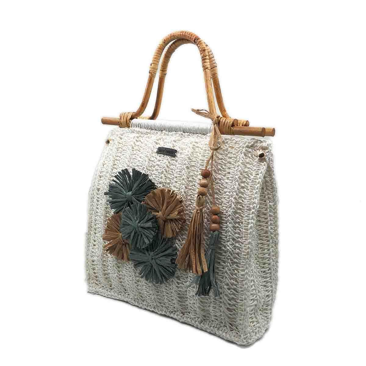 Bambu Saplı ve Çiçek Aplikeli El Örgüsü Çanta, Besa Bags El İşi Çantalar