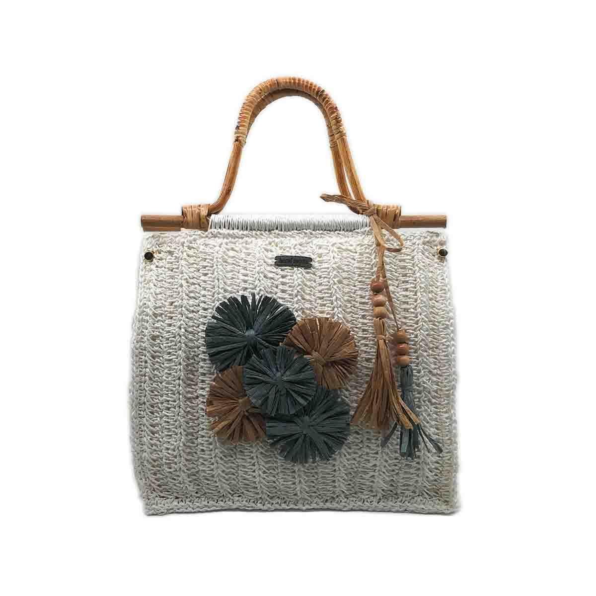 Bambu Saplı ve Çiçek Aplikeli El Örgüsü Çanta, Besa Bags El İşi Çantalar