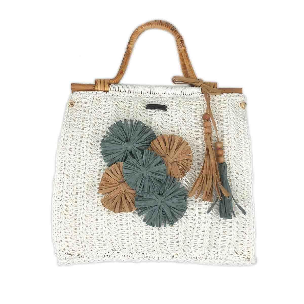 Bambu Saplı ve Çiçek Aplikeli El Örgüsü Çanta, Besa Bags El İşi Çantalar