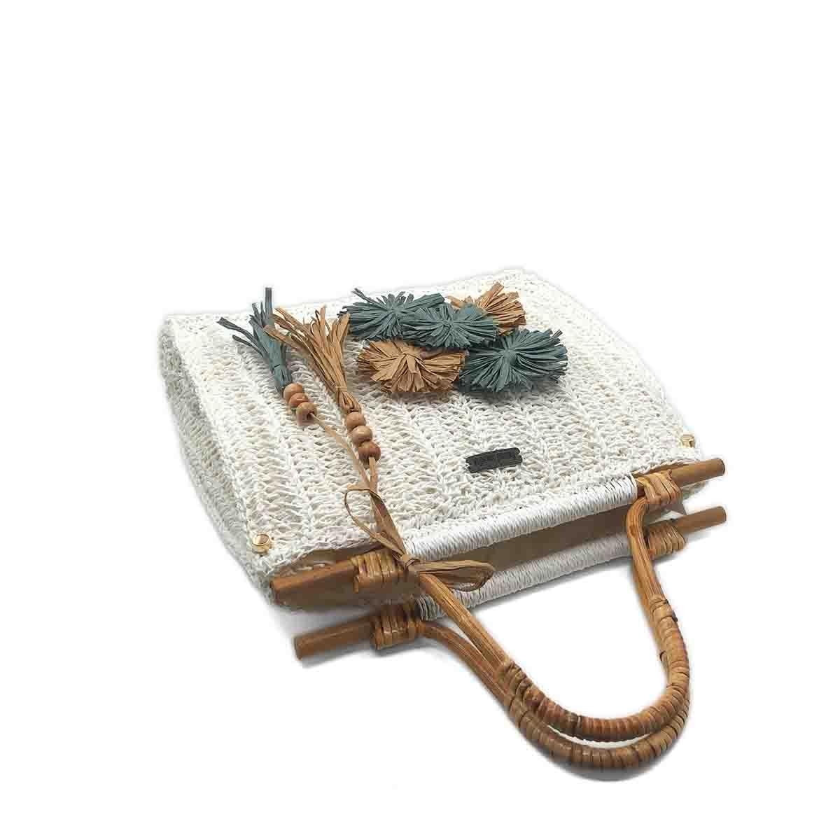 Bambu Saplı ve Çiçek Aplikeli El Örgüsü Çanta, Besa Bags El İşi Çantalar