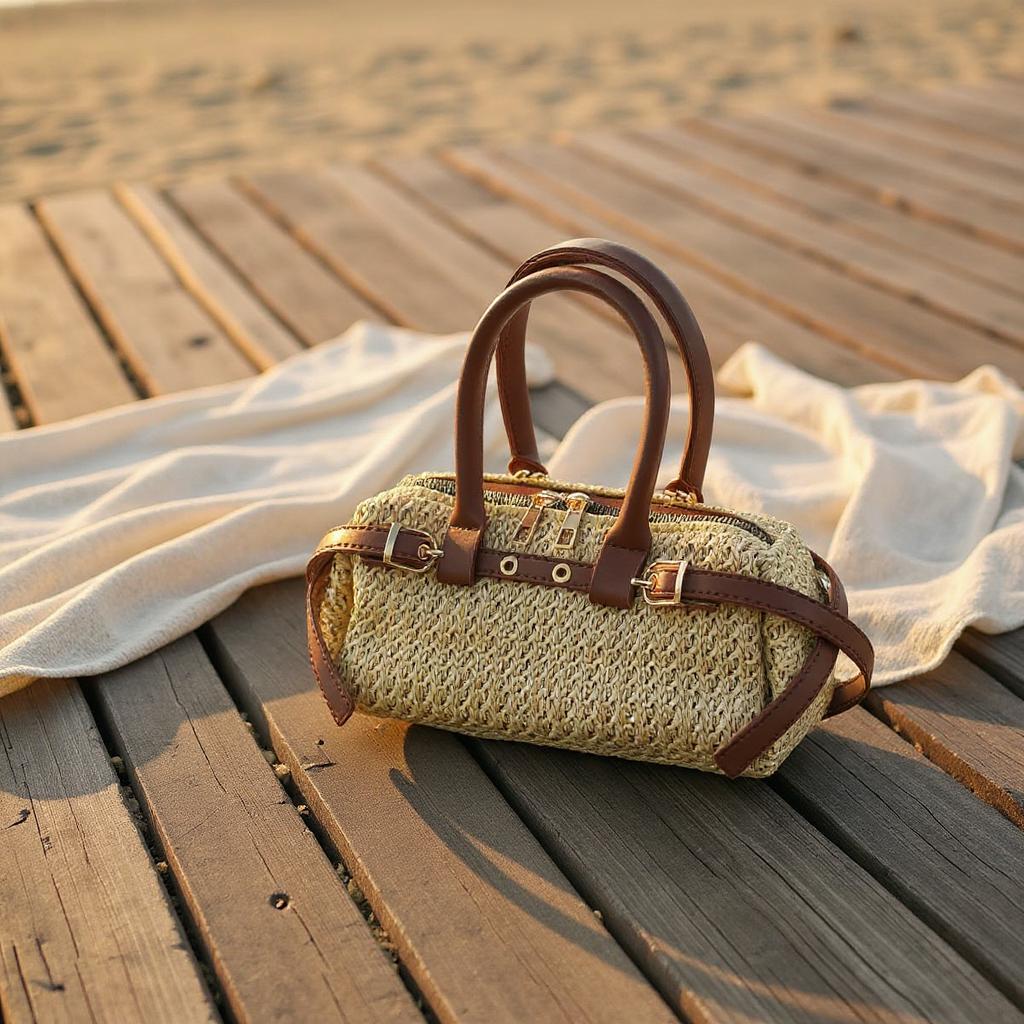 Dikdörtgen Kahverengi Hasır Çapraz Çanta