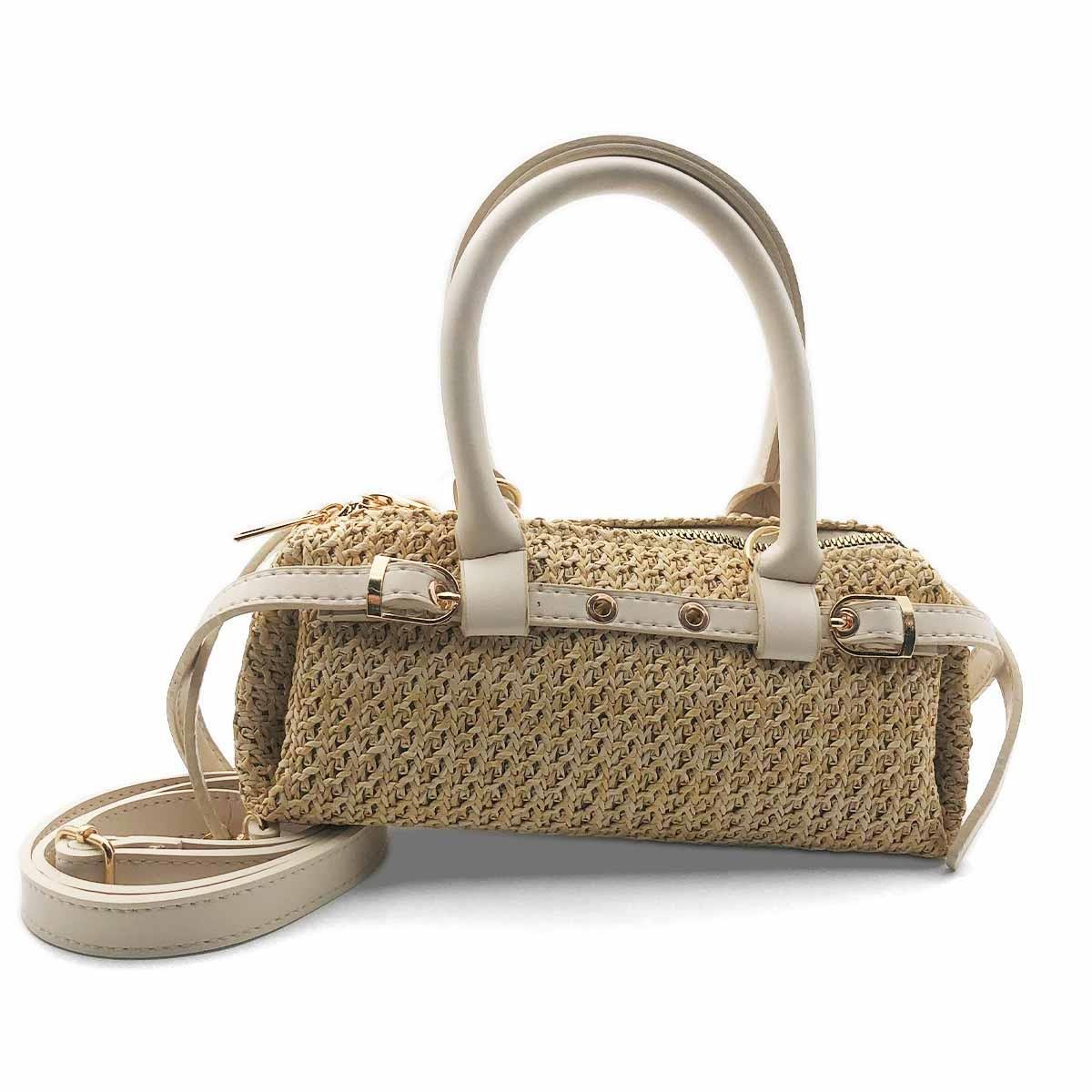 Dikdörtgen Krem Hasır Çapraz Çanta