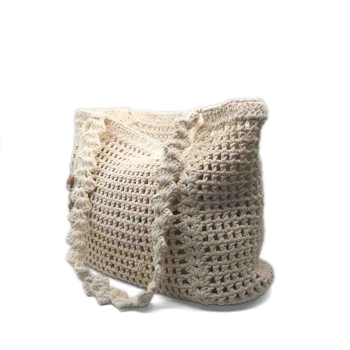 El Yapımı Örgü Krem Rengi Omuz Çantası