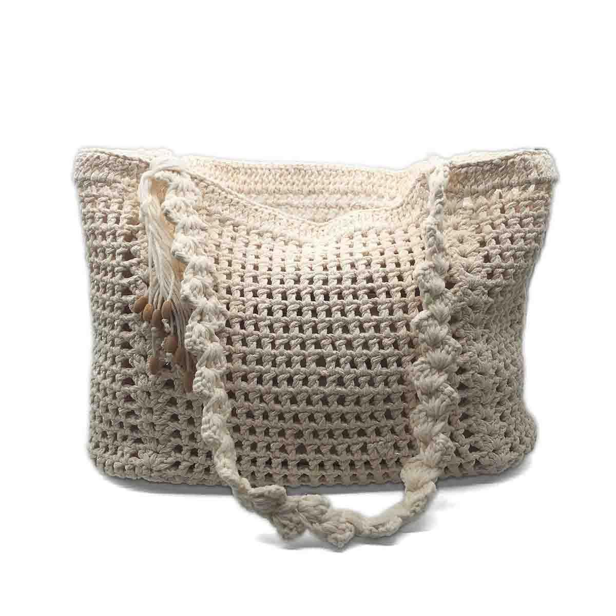El Yapımı Örgü Krem Rengi Omuz Çantası