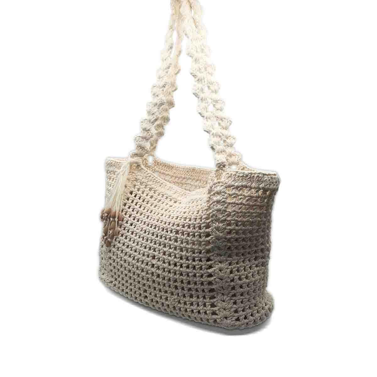 El Yapımı Örgü Krem Rengi Omuz Çantası