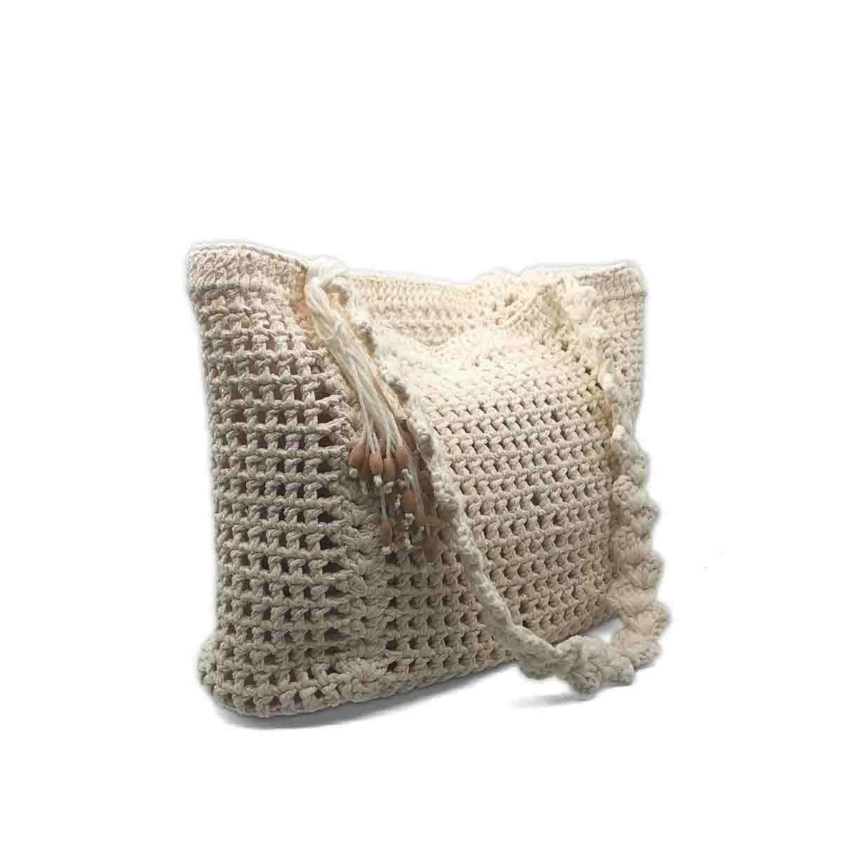 El Yapımı Örgü Krem Rengi Omuz Çantası