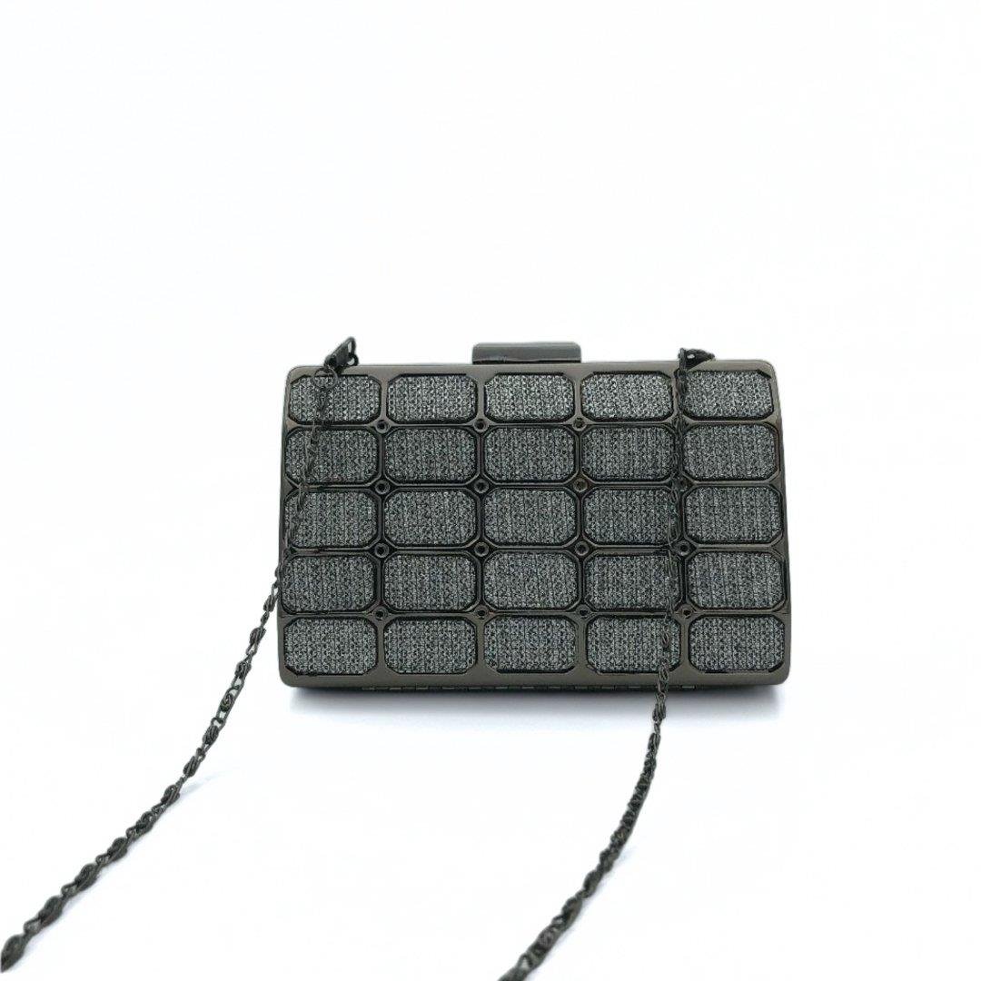 Gri Kare Desenli Simli Abiye Çanta