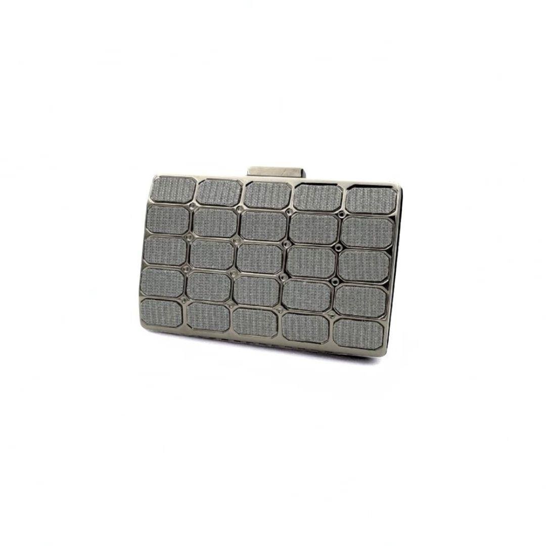 Gümüş Kare Desenli Simli Abiye Çanta