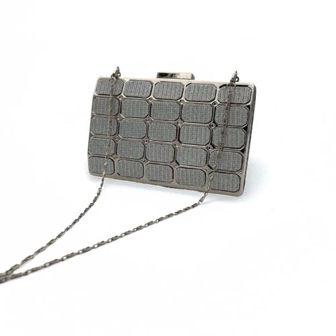 Gümüş Kare Desenli Simli Abiye Çanta