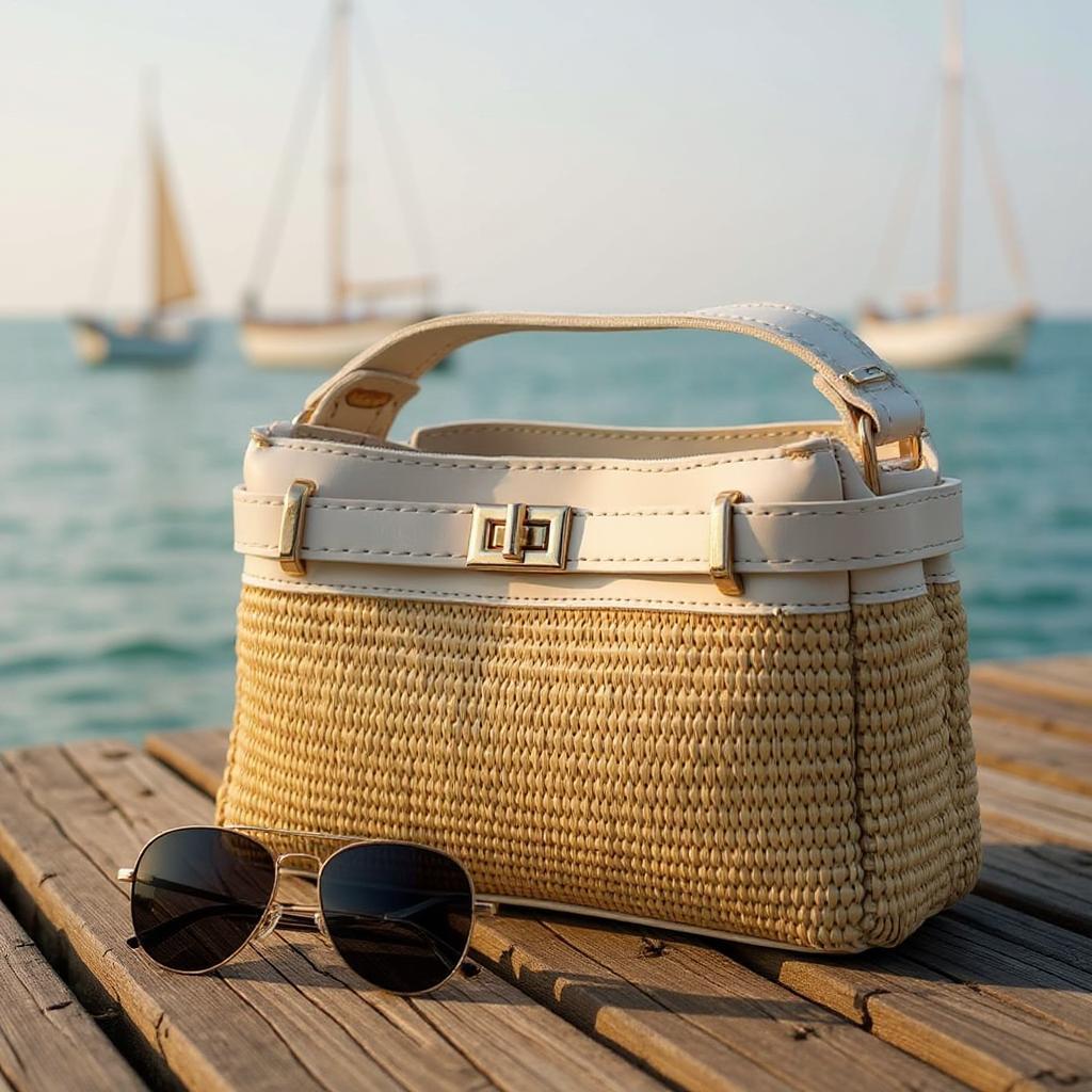 Kare Krem Hasır Çapraz Çanta