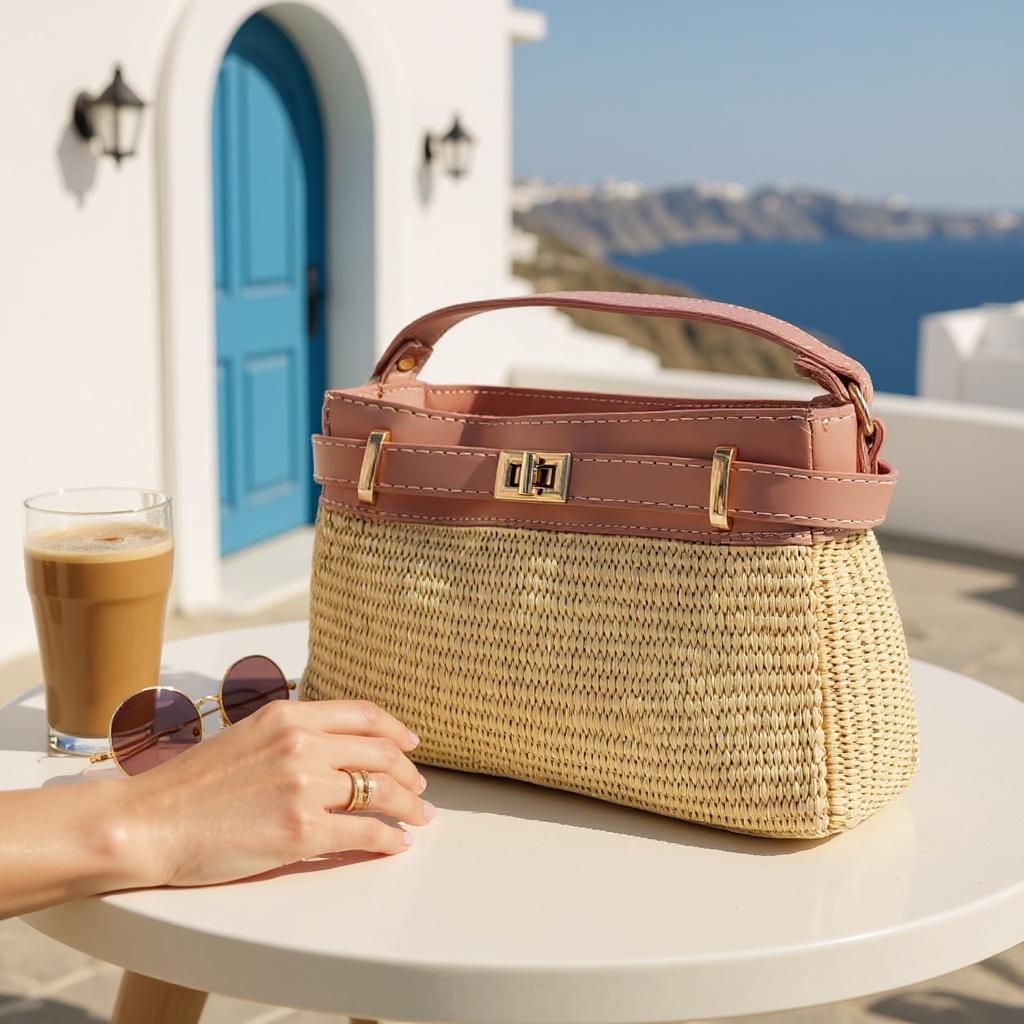 Kare Pembe Hasır Çapraz Çanta