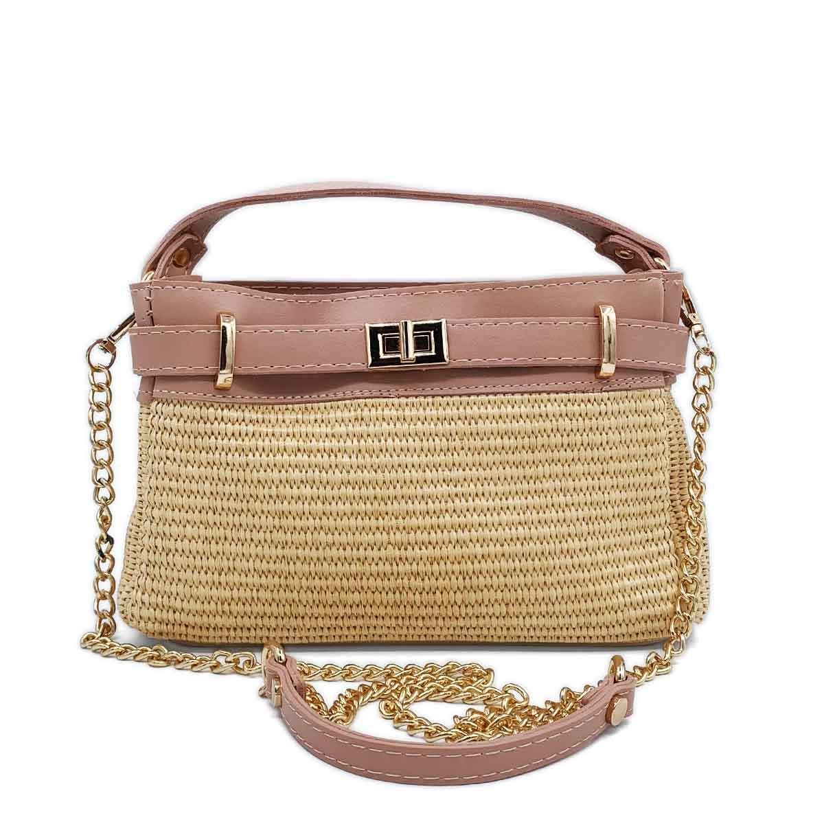 Kare Pembe Hasır Çapraz Çanta