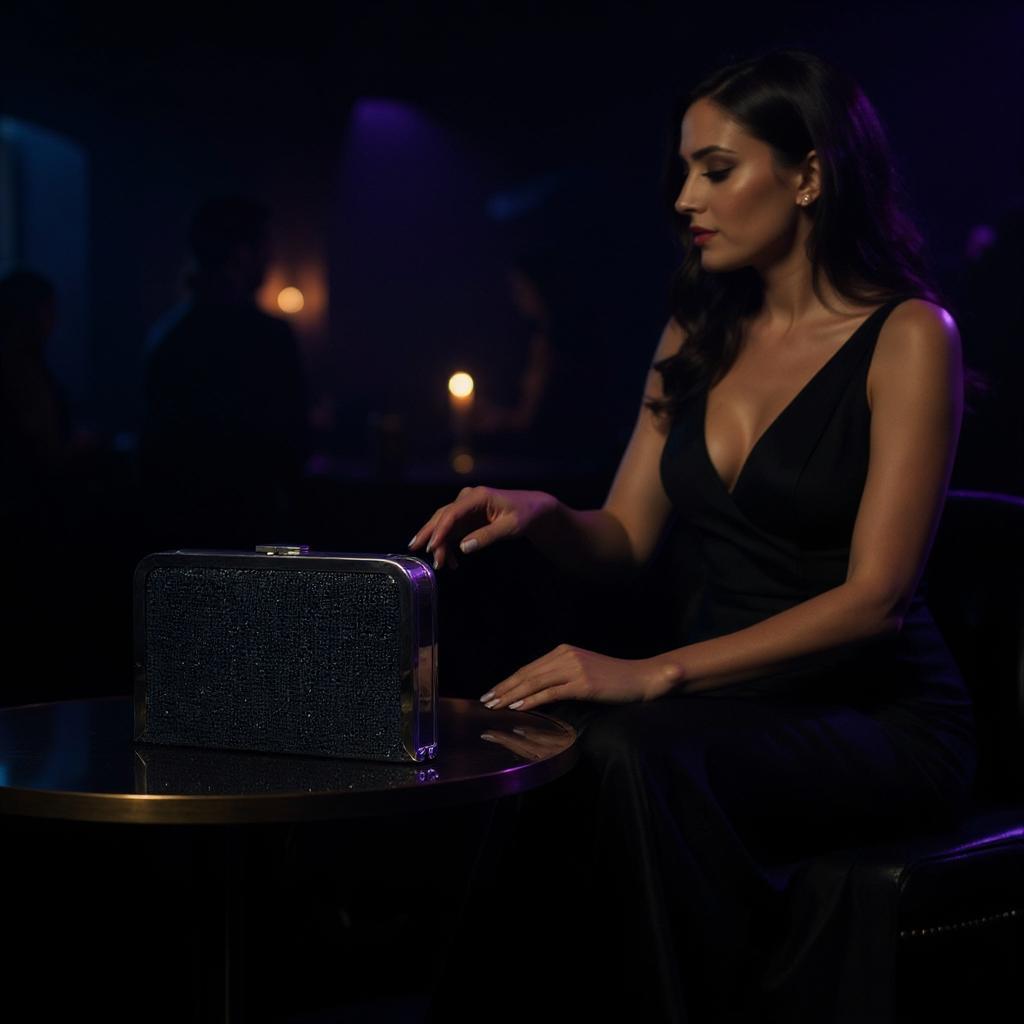 Kasalı Simli Siyah Abiye Çanta