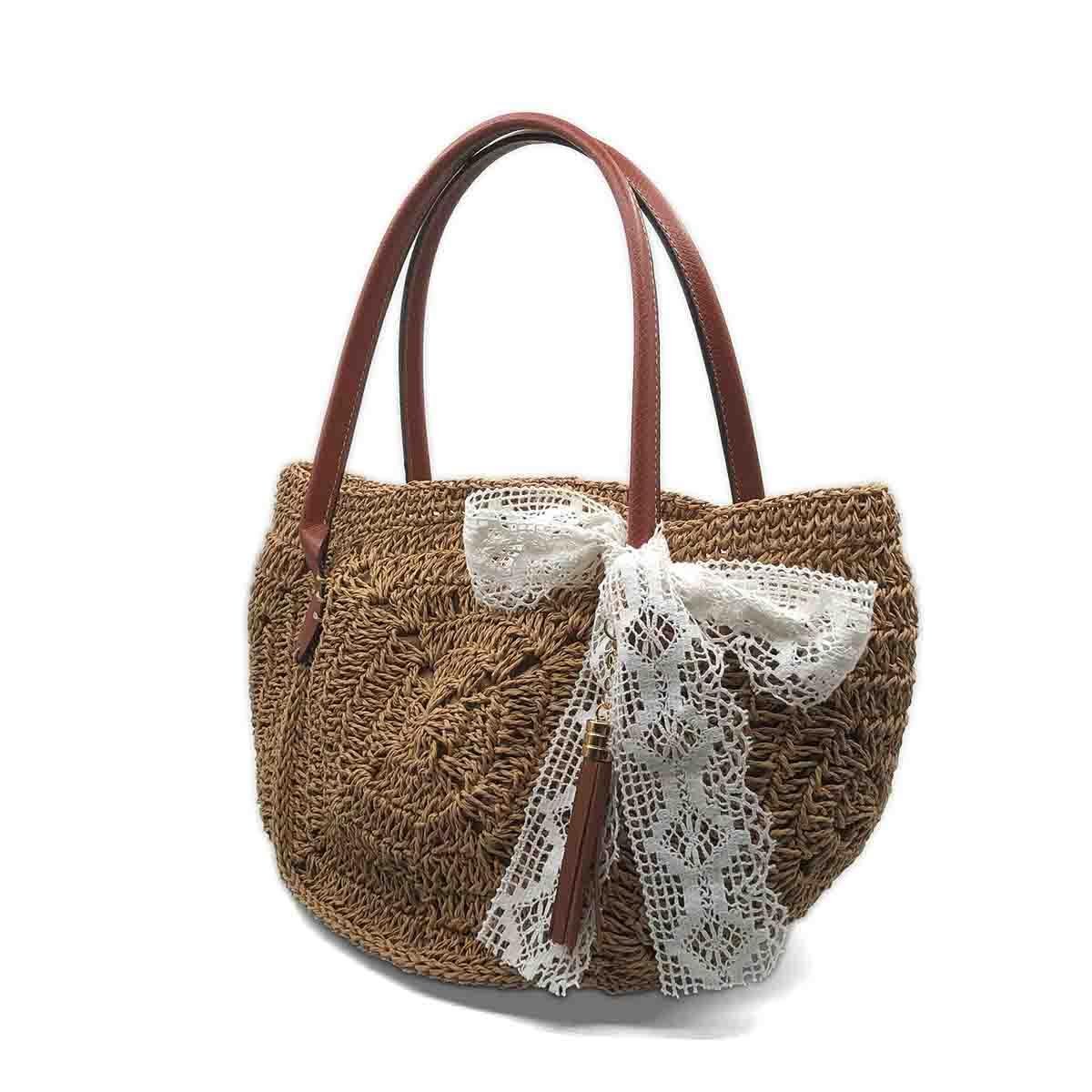 Laurel Dantel Detaylı El Örgüsü Kağıt İp Çanta, Besa Bags El İşi Çantalar