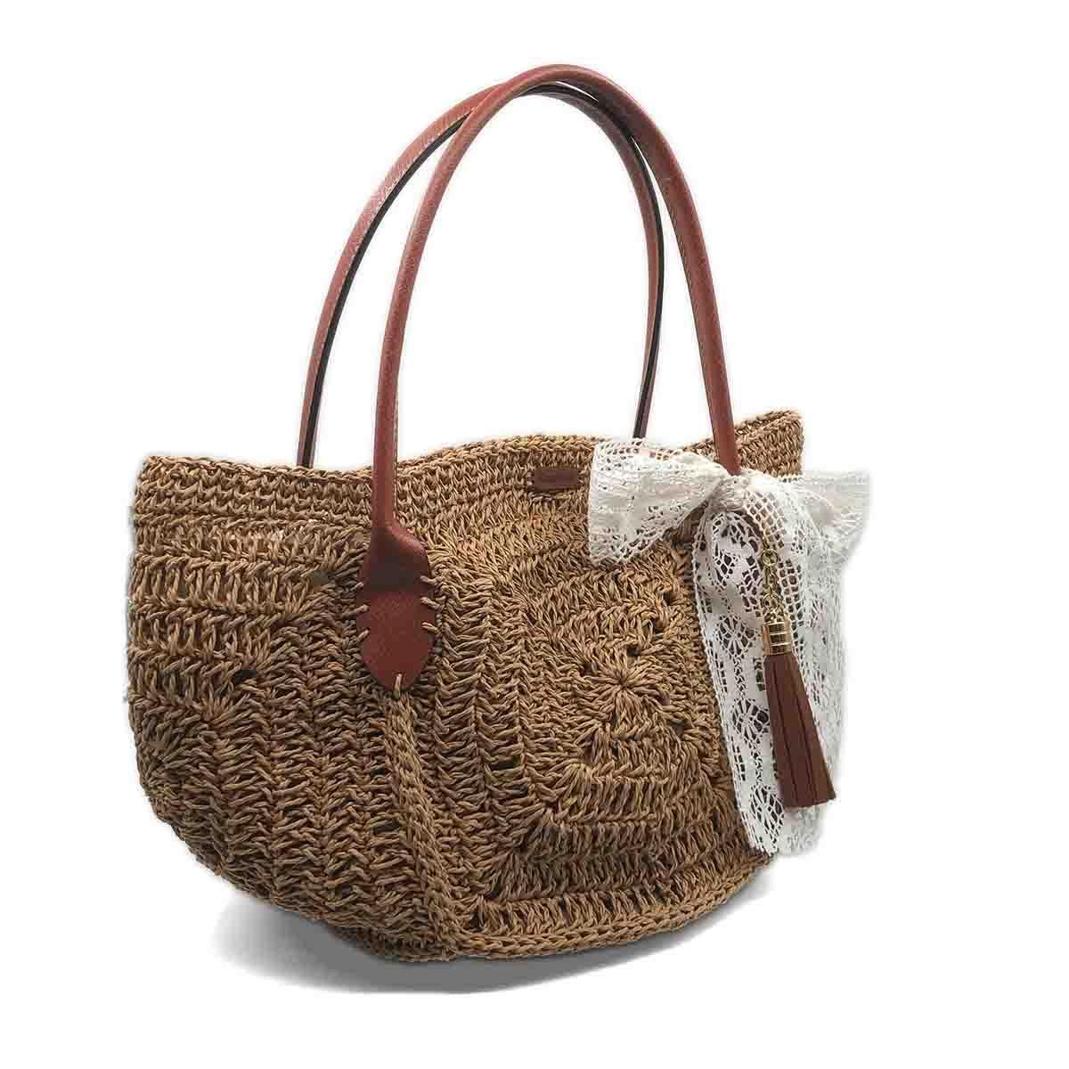 Laurel Dantel Detaylı El Örgüsü Kağıt İp Çanta, Besa Bags El İşi Çantalar