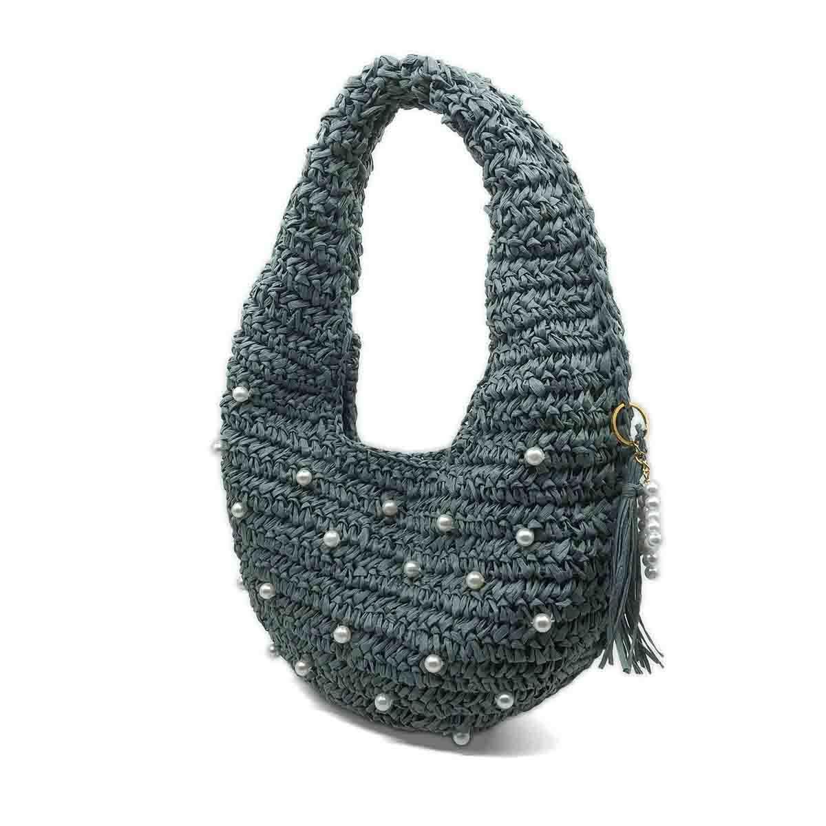 Pearl İncili Gri El Örgüsü Hobo Çanta, Besa Bags Omuz Çantası