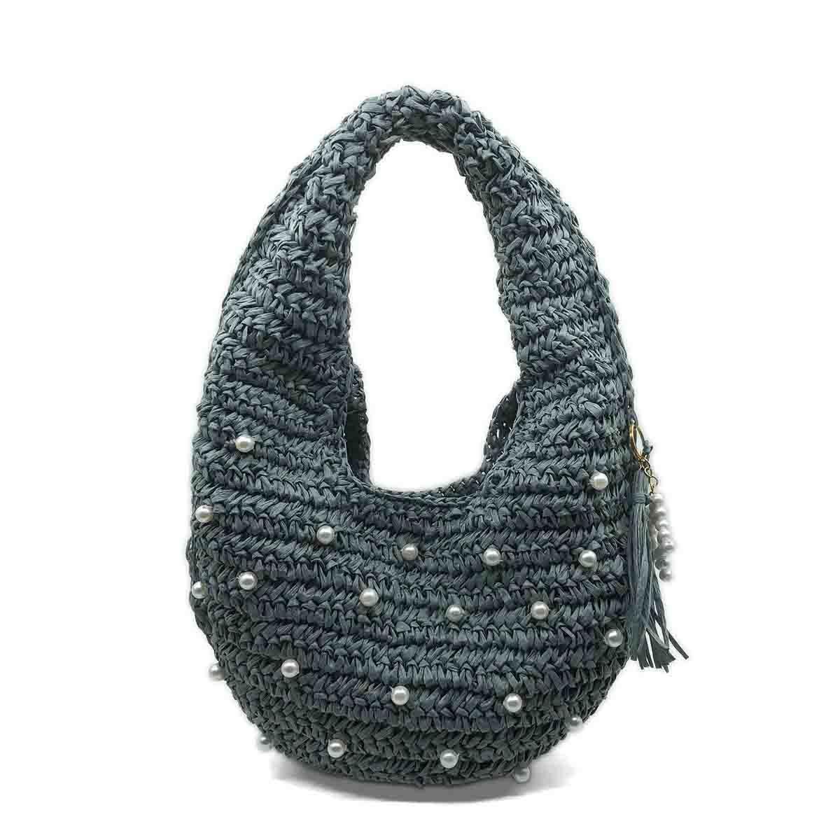 Pearl İncili Gri El Örgüsü Hobo Çanta, Besa Bags Omuz Çantası