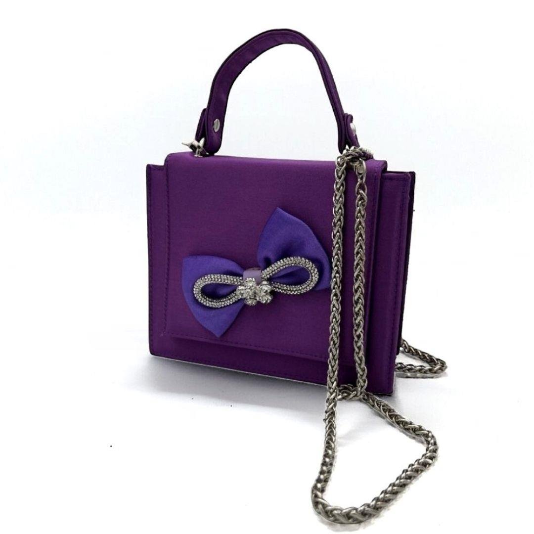 Saten Kurdele Detaylı Mor Portföy Çanta - Zincir Askılı