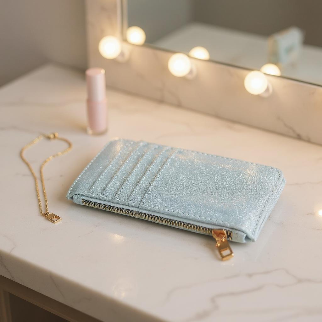 Simli Fermuarlı Gümüş Renk Kartlık