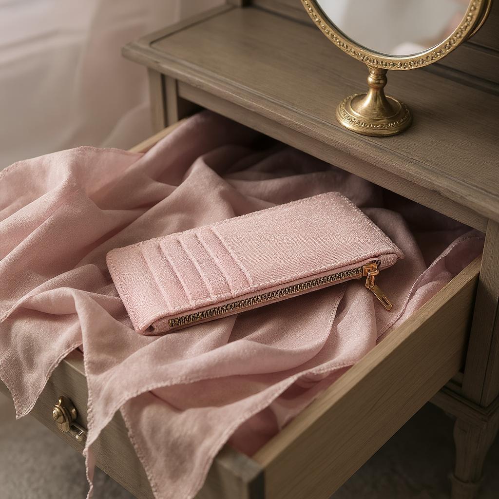 Simli Fermuarlı Pembe Kartlık