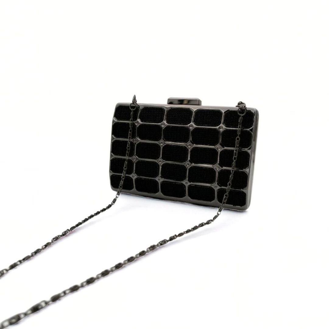 Siyah Kare Desenli Simli Abiye Çanta