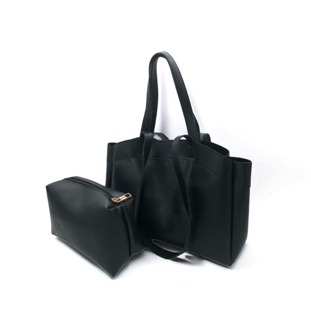 Siyah Yavru Çantalı Büyük Lizbon Omuz Çantası Seti