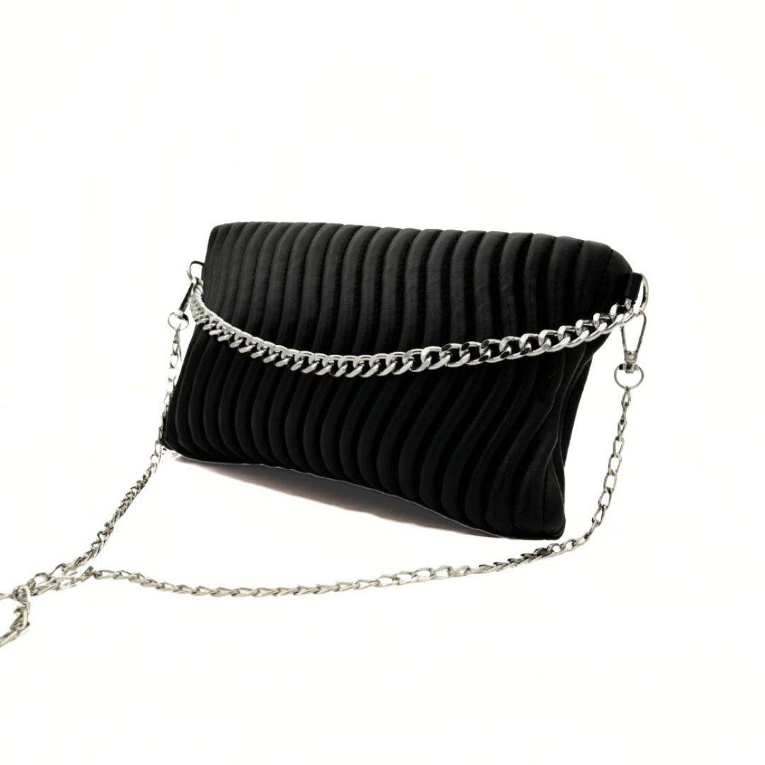 Su Yolu Desenli Zincir Askılı Kadın Portföy Çanta - Siyah