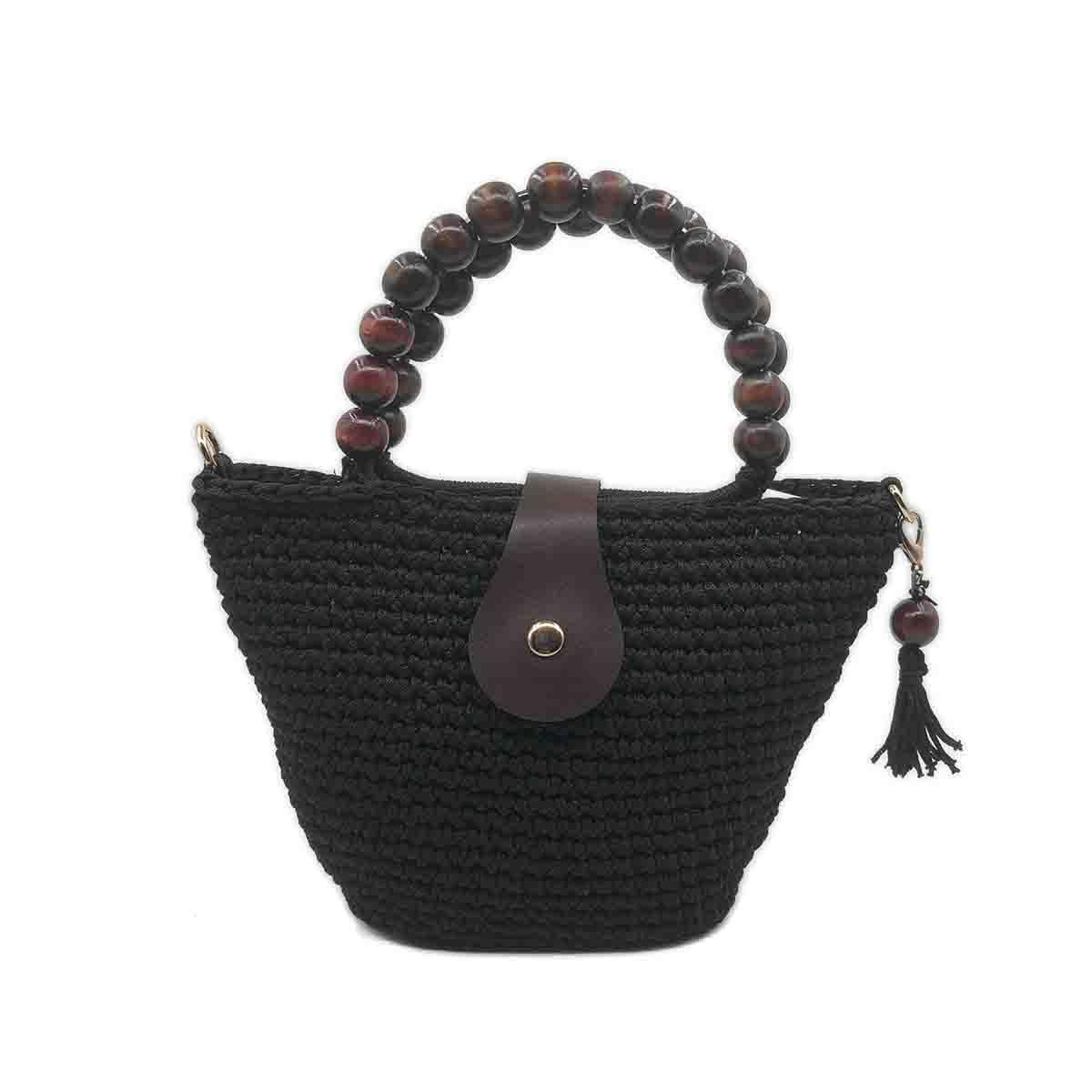 Terra Ahşap Boncuk Saplı Siyah El Örgüsü Çanta, Besa Bags El İşi Çantalar