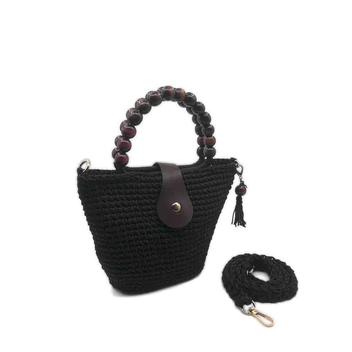 Terra Ahşap Boncuk Saplı Siyah El Örgüsü Çanta, Besa Bags El İşi Çantalar