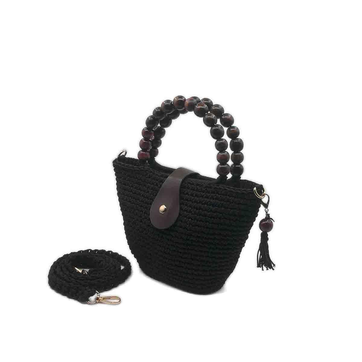 Terra Ahşap Boncuk Saplı Siyah El Örgüsü Çanta, Besa Bags El İşi Çantalar