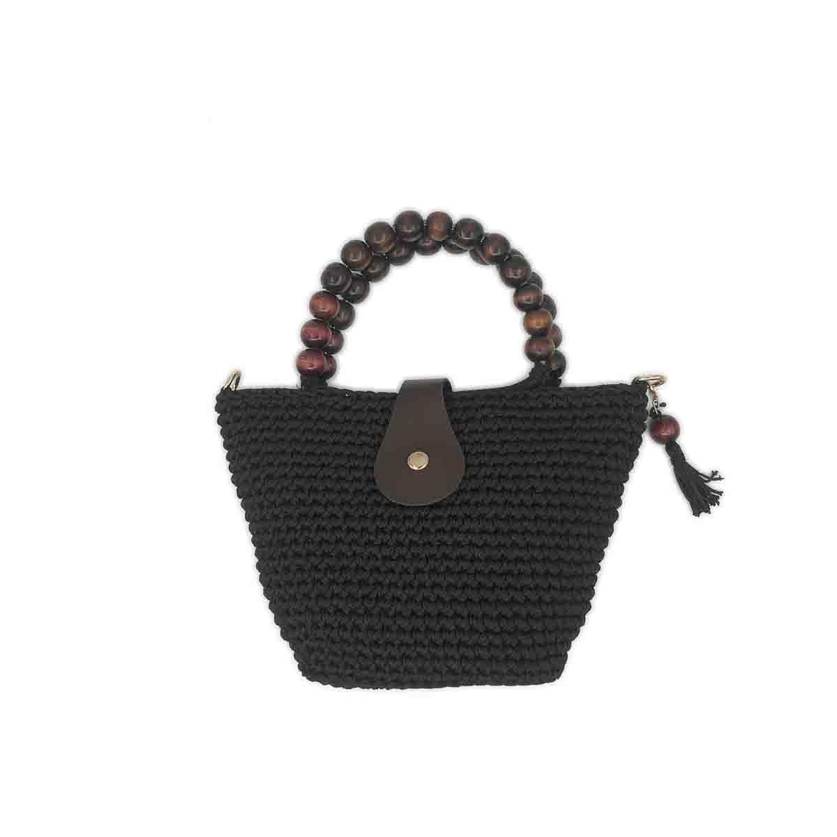 Terra Ahşap Boncuk Saplı Siyah El Örgüsü Çanta, Besa Bags El İşi Çantalar