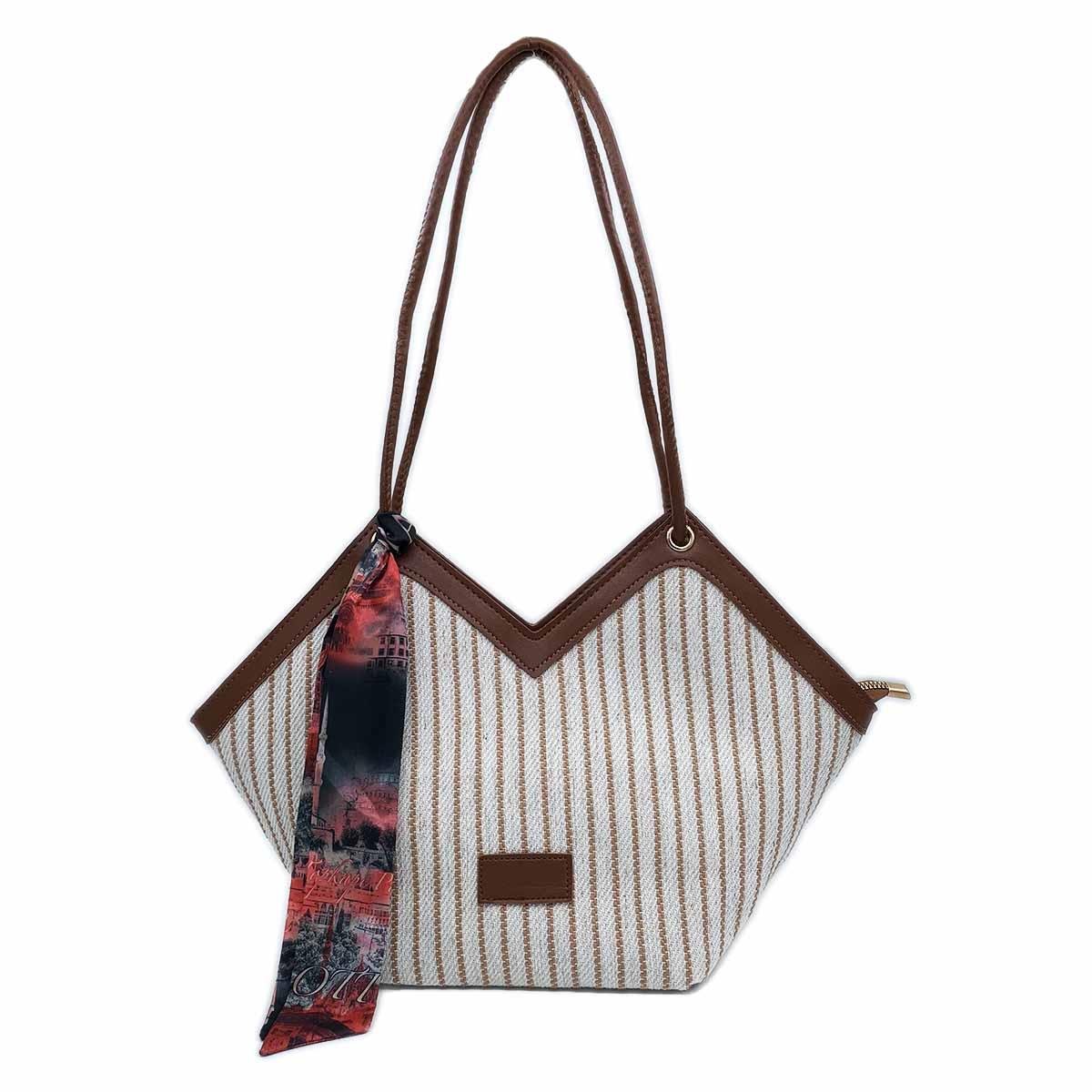 V Model Kahverengi Beyaz Omuz Çantası