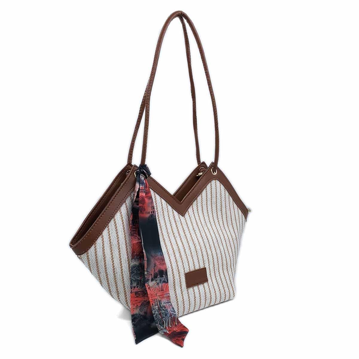 V Model Kahverengi Beyaz Omuz Çantası