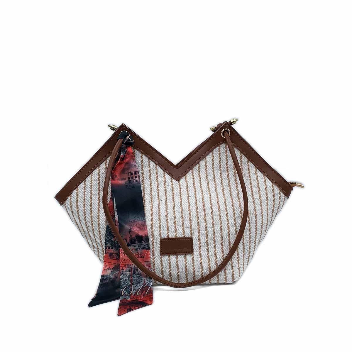 V Model Kahverengi Beyaz Omuz Çantası