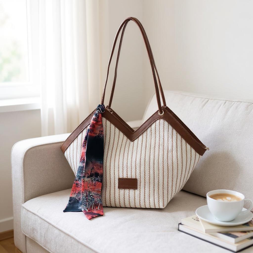 V Model Kahverengi Beyaz Omuz Çantası