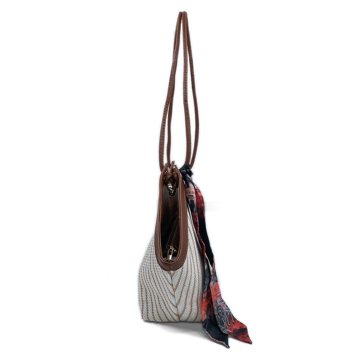 V Model Kahverengi Beyaz Omuz Çantası