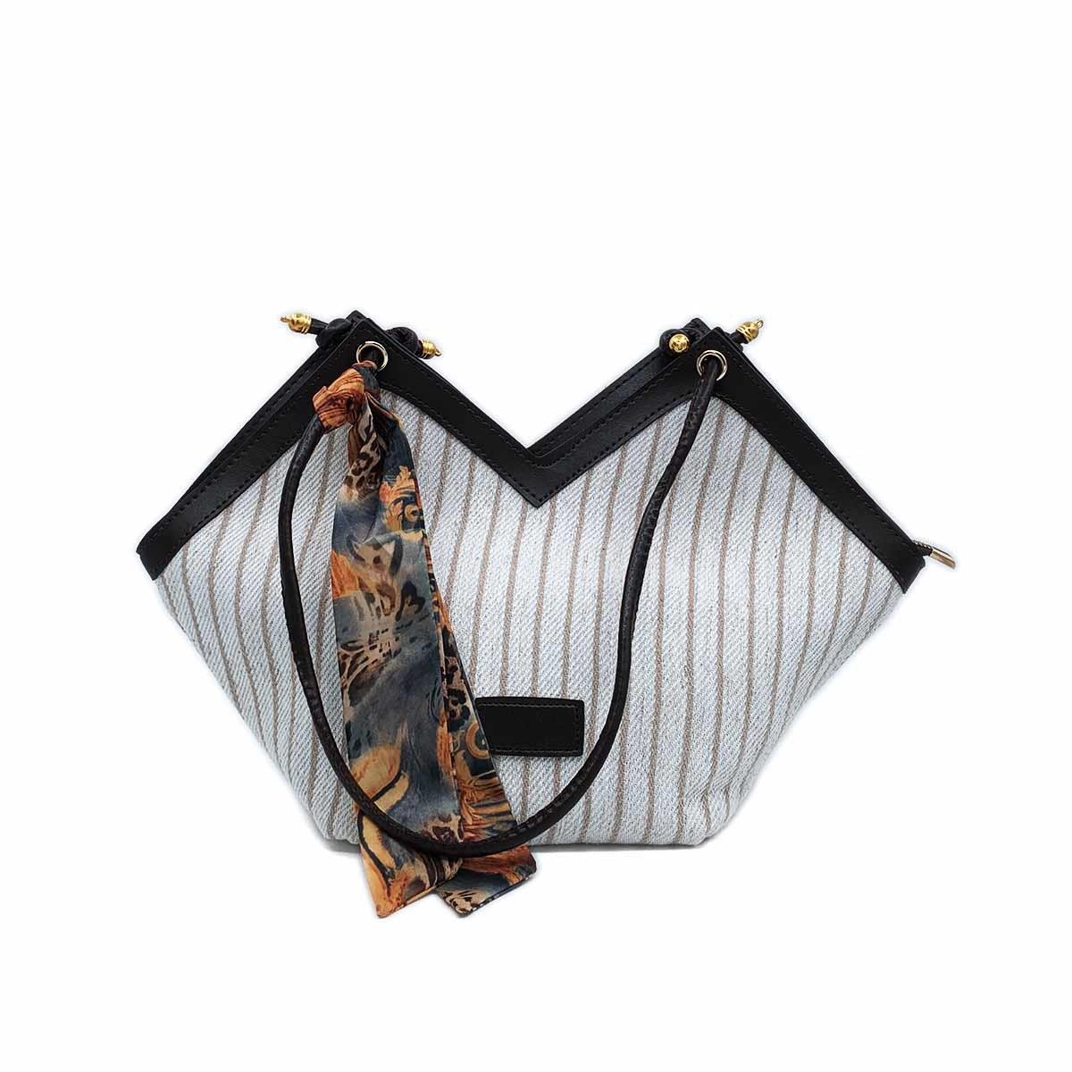 V Model Siyah Detaylı Kahverengi-Beyaz Omuz Çantası