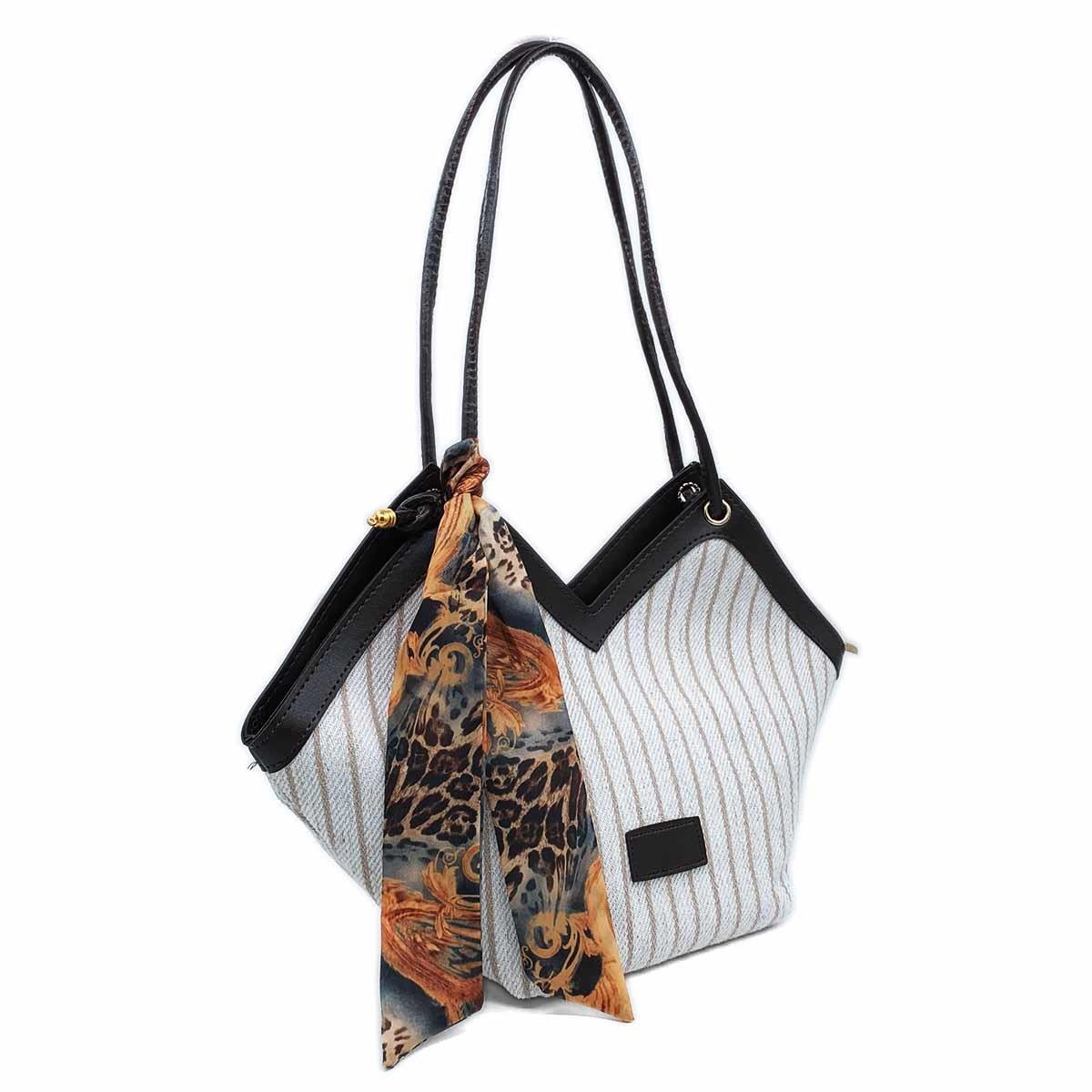 V Model Siyah Detaylı Kahverengi-Beyaz Omuz Çantası